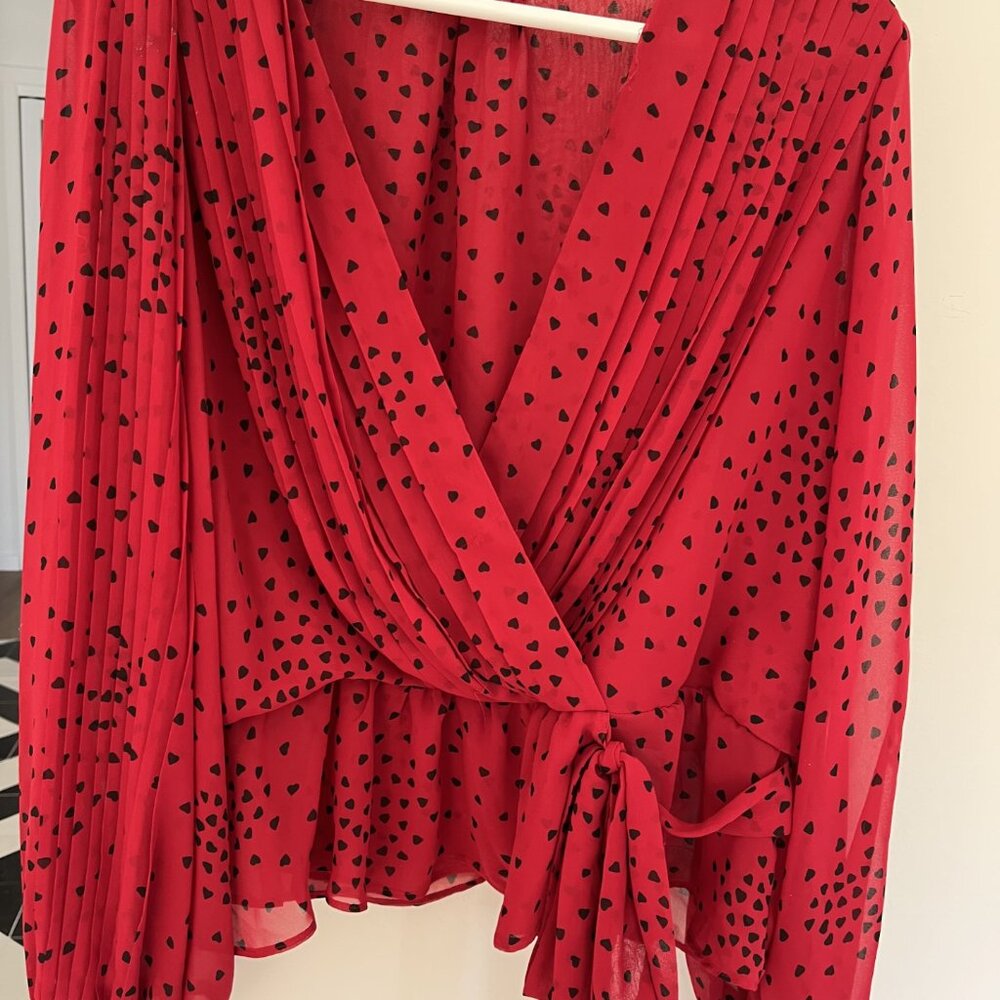 Express Women XL Red Polka Dot Silky V Neck Blouse Tunic Flounce NWOT